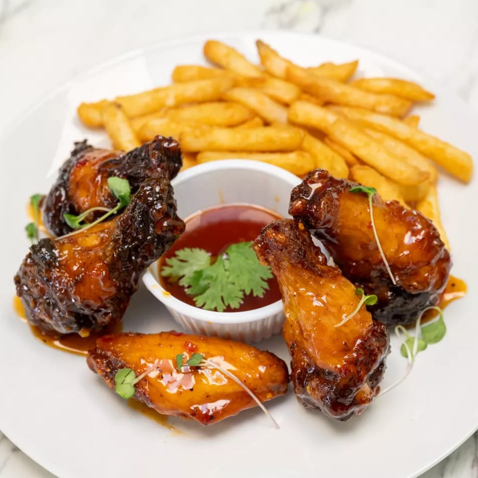Glazed chicken wings with golden fries, dipping sauce, and cilantro garnish served on a white plate.